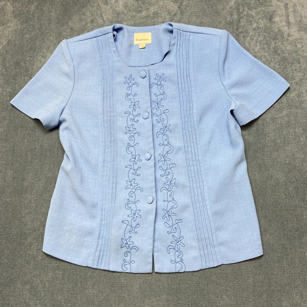 Tradition Blouse Top Women 14 Blue Button Front Embroidered Outdoor Short Sleeve